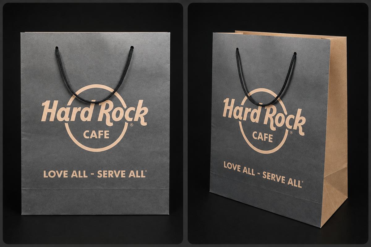 Sacola premium cinza com impressão e alça de corda preta — Hard Rock Cafe