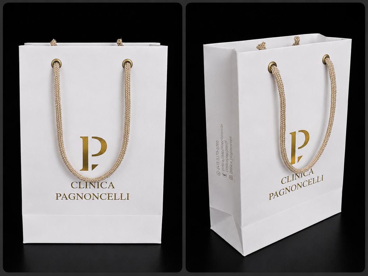 Sacola premium branca com hot stamping dourado e alça de corda — Clínica Pagnoncelli